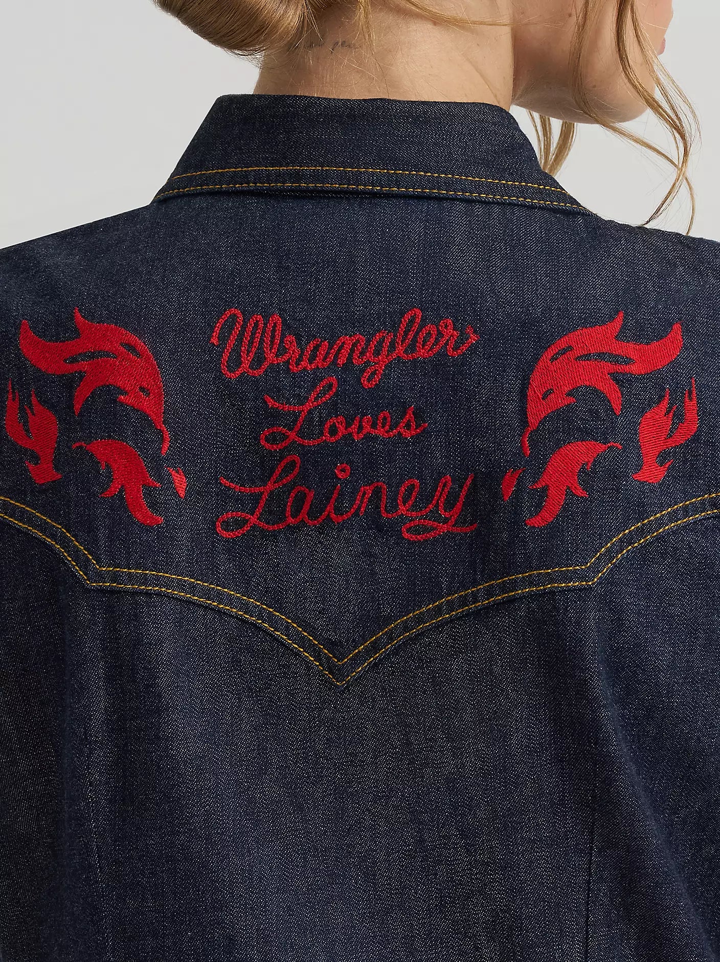 Lainey Wilson x Wrangler Embroidered Sleeveless Denim Shirt