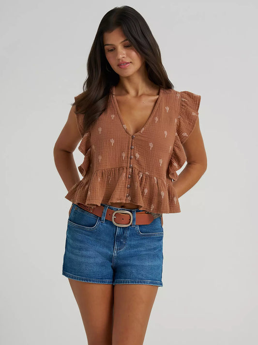 Women's Gauzy Flutter Sleeve Blouse-Brown