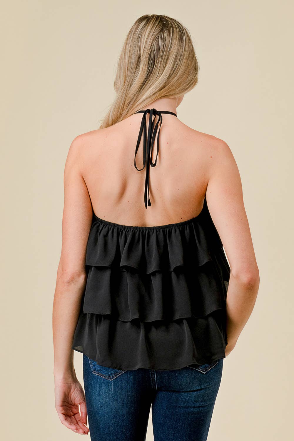 BT2635N ROSETTE HALTER NECK RUFFLED TIERED  TOP