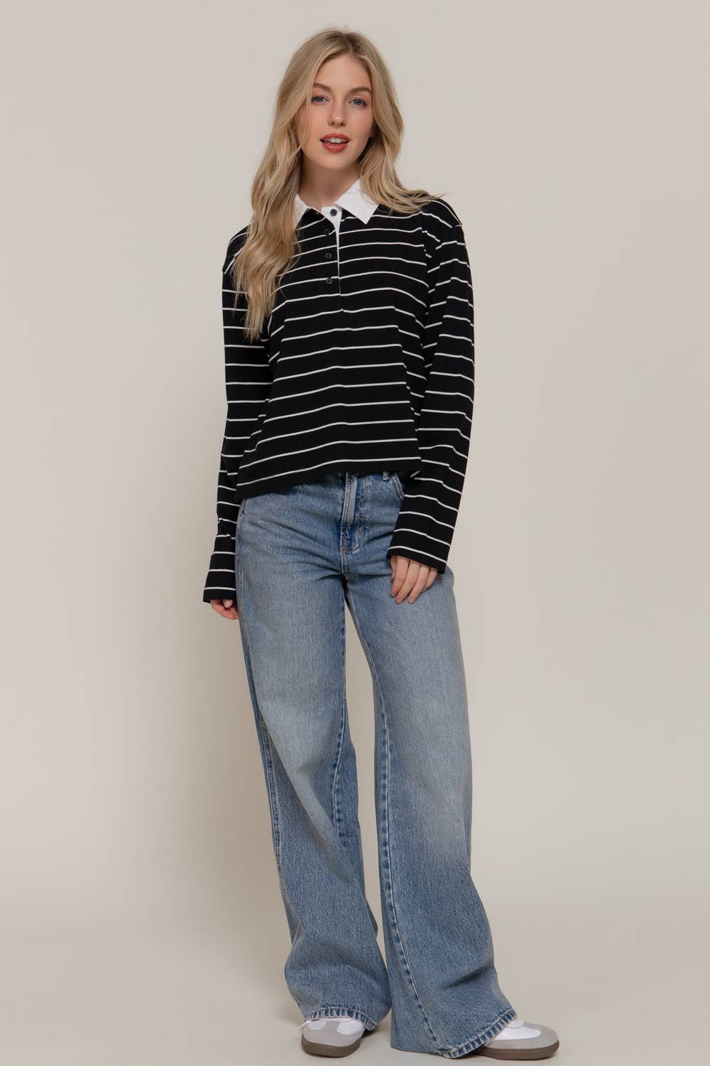 Long Sleeve Y/D Stripe Cotton Polo Shirt