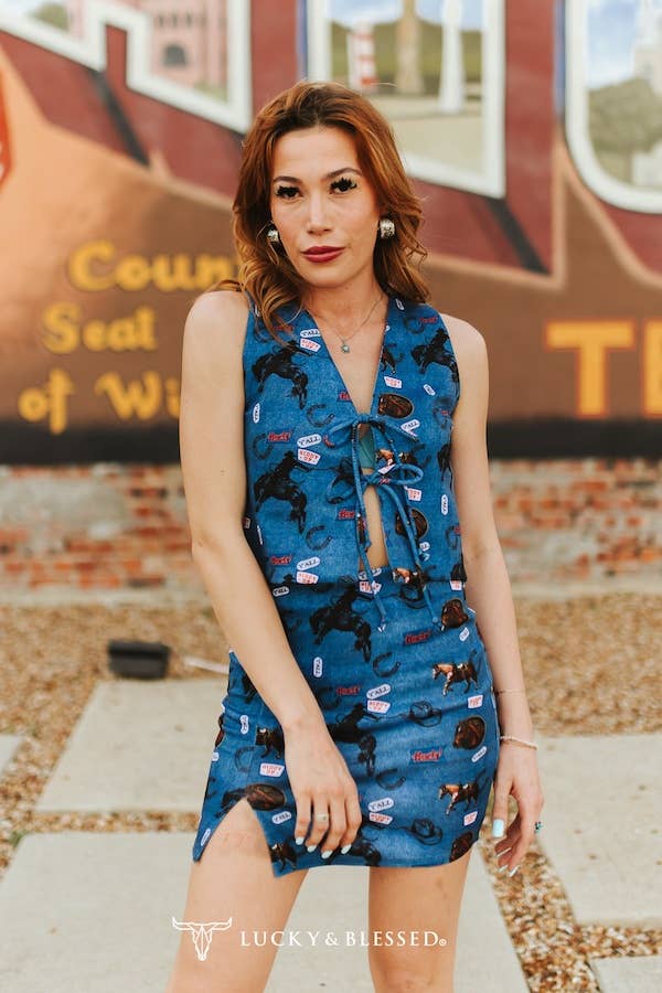 Blue Rodeo Cowboy Printed  Sleeveless Top WPrinted Skort Set
