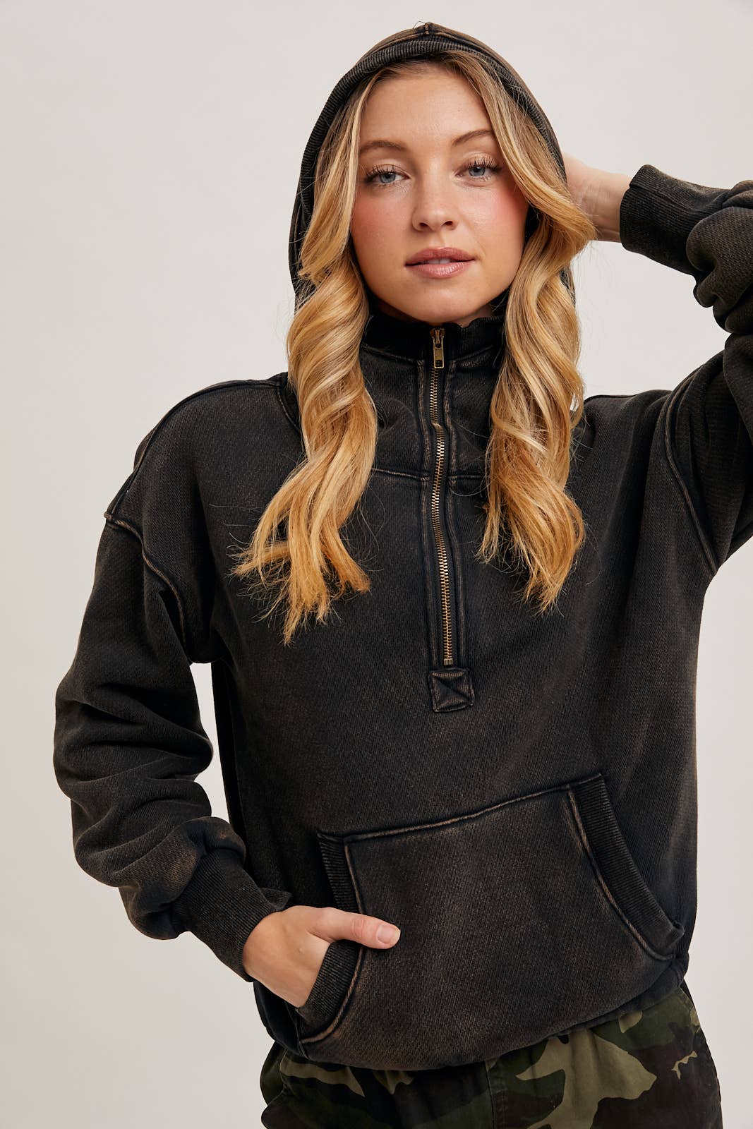 HALF ZIPPER FRONT HOODIE SWEATSHIRT WITH INNER FLEECE