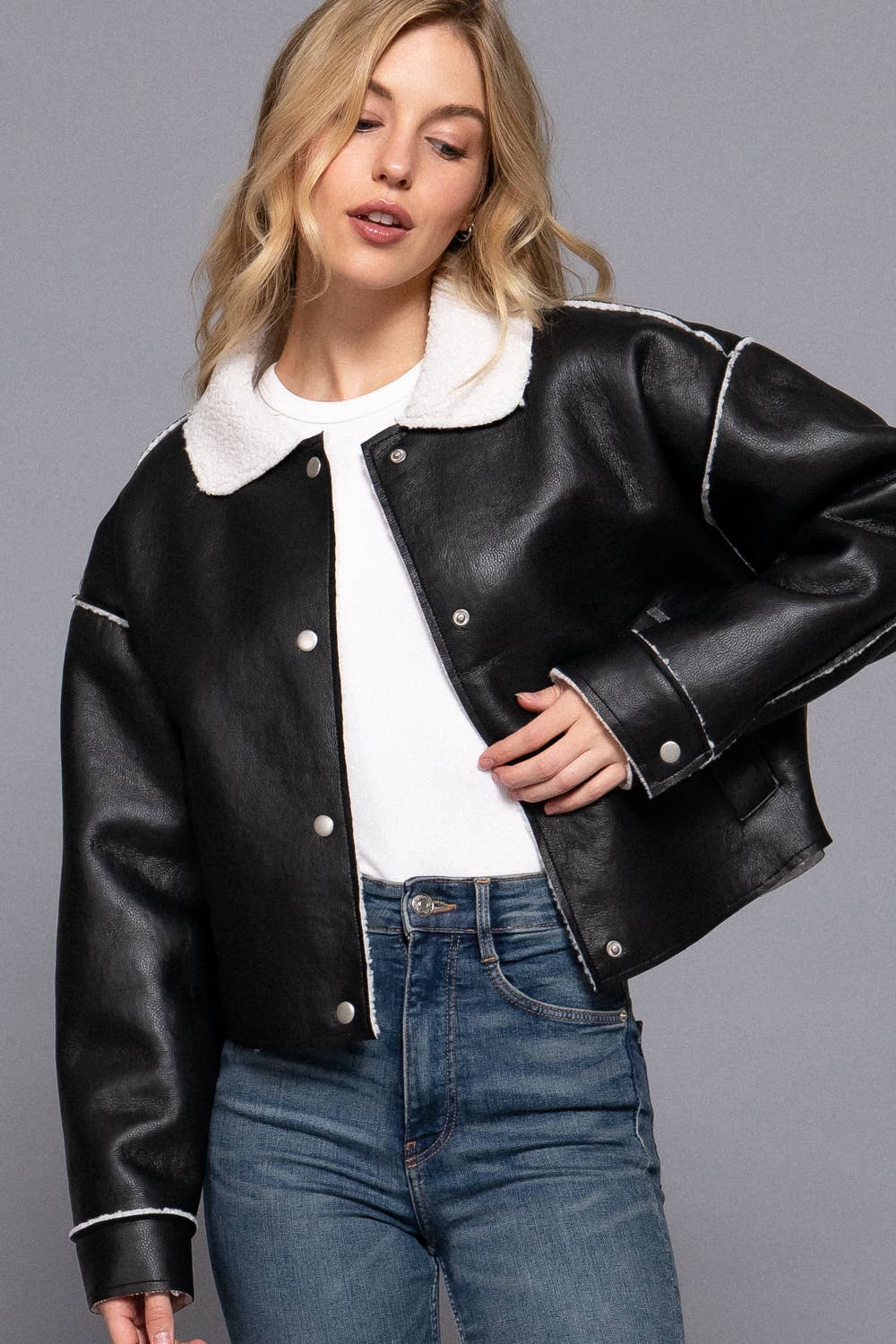 Long Sleeve Faux Leather Inner Fur Jacket