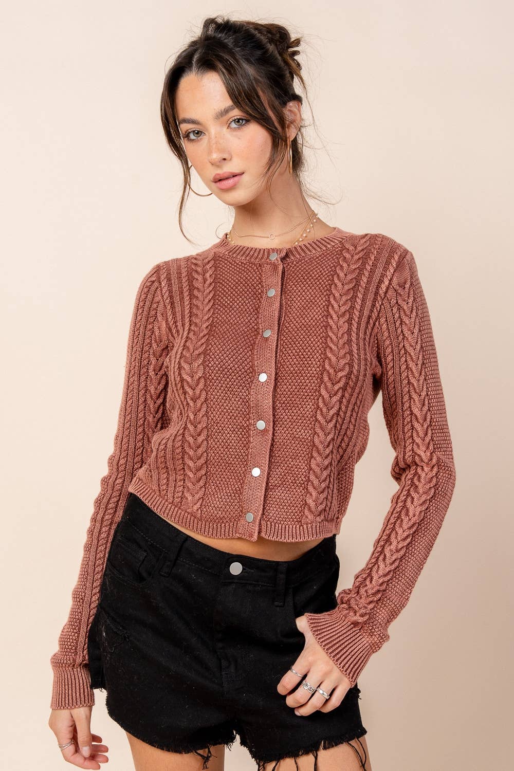 WASHED EFFECT CABLED SWEATER CARDIGAN