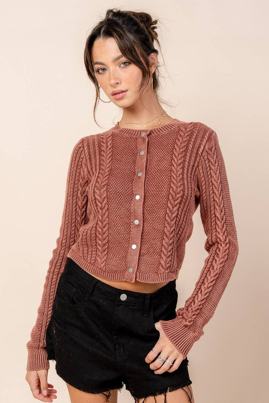 WASHED EFFECT CABLED SWEATER CARDIGAN