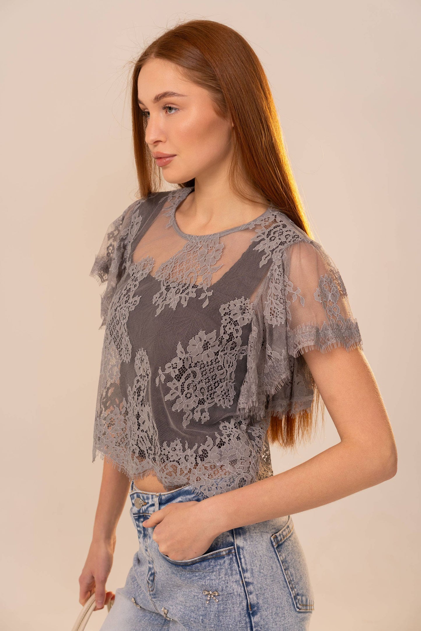 95817T Flutter Sleeve Cropped Lace Top