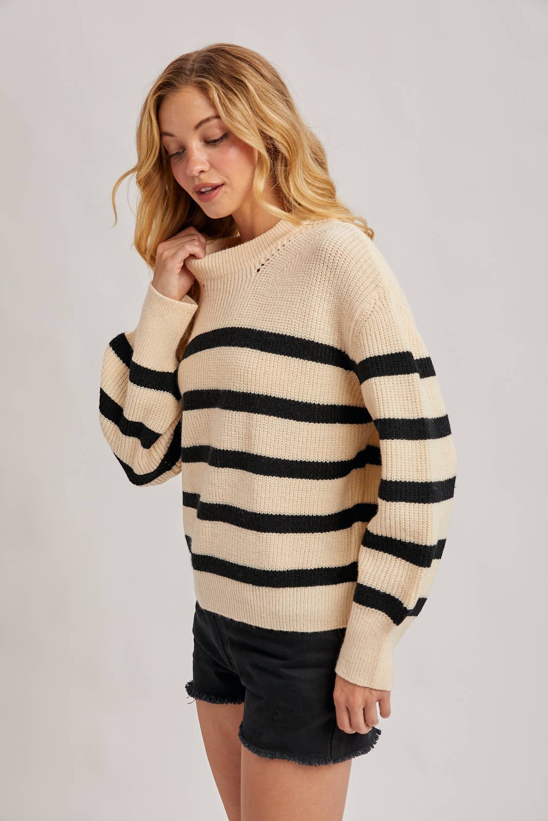 STRIPED CHUNKY RIB-KNIT SWEATER
