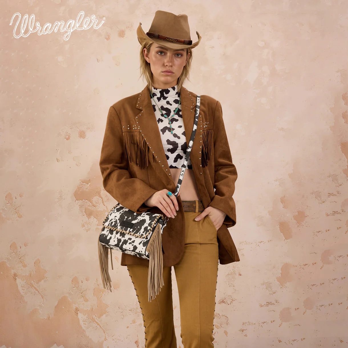 Wrangler Cow Print Fringe Crossbody Bag - Black