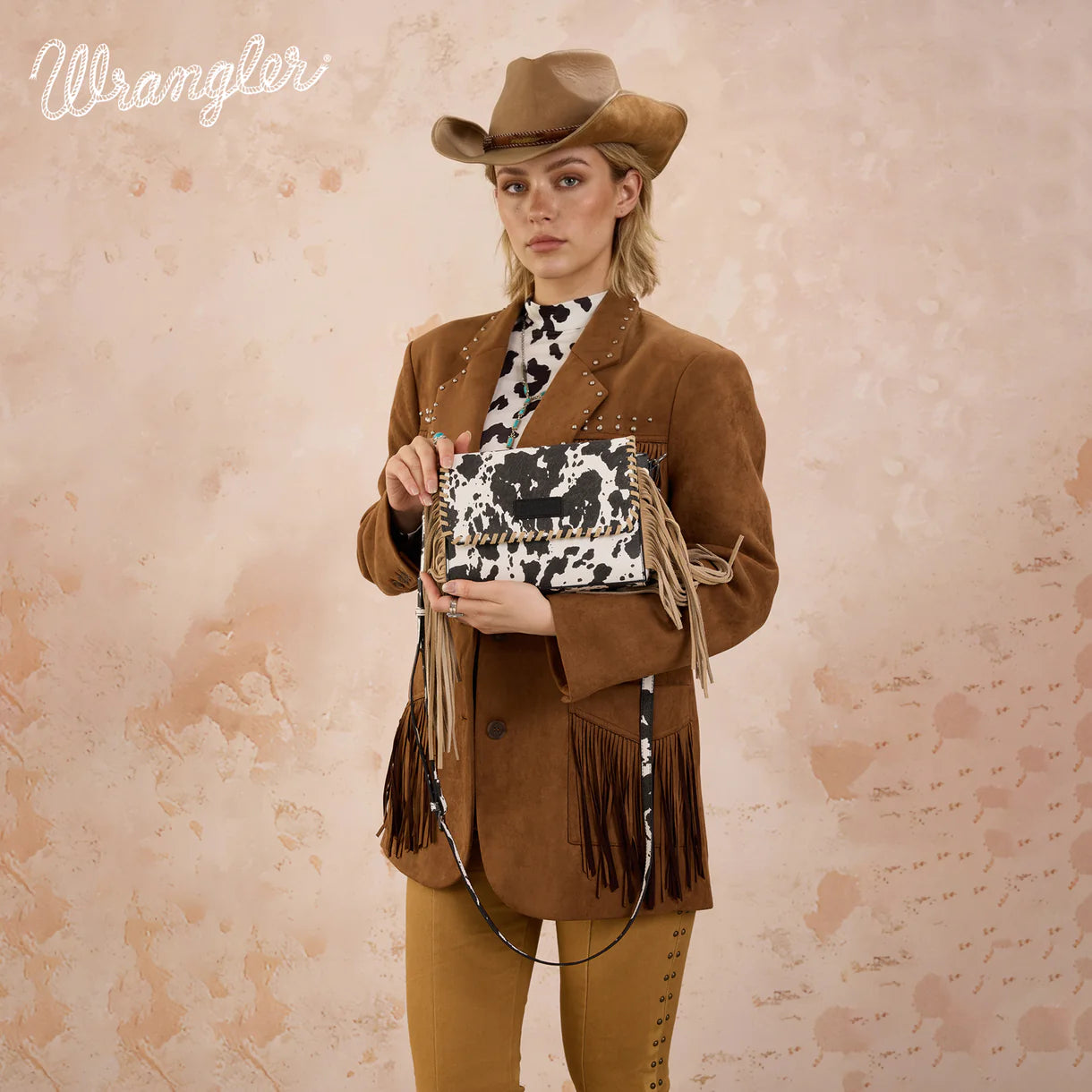 Wrangler Cow Print Fringe Crossbody Bag - Black