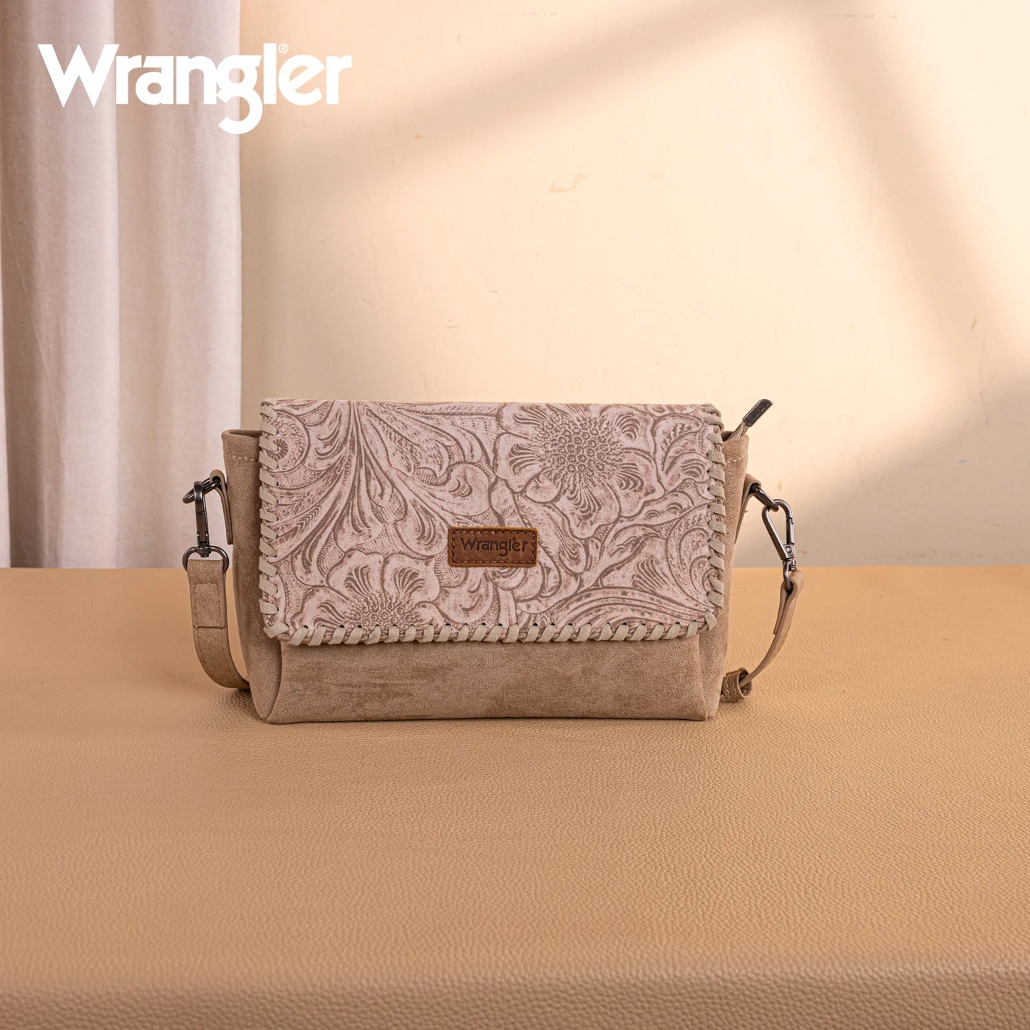 Wrangler Vintage Floral Printed Crossbody Bag with Small Pouch- Khaki