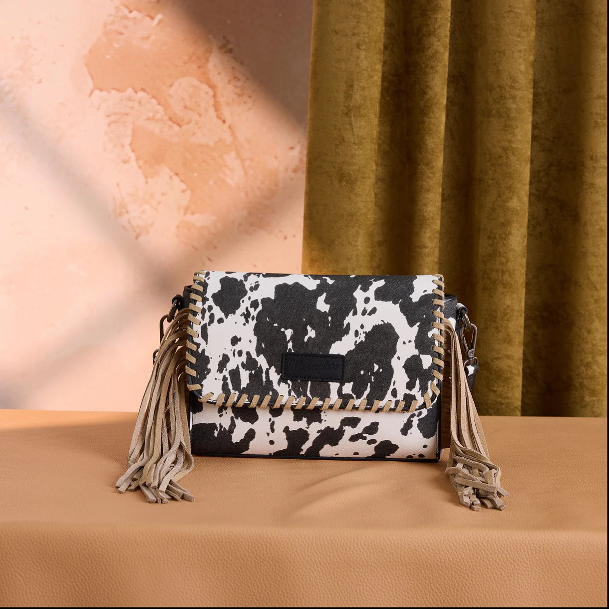 Wrangler Cow Print Fringe Crossbody Bag - Black