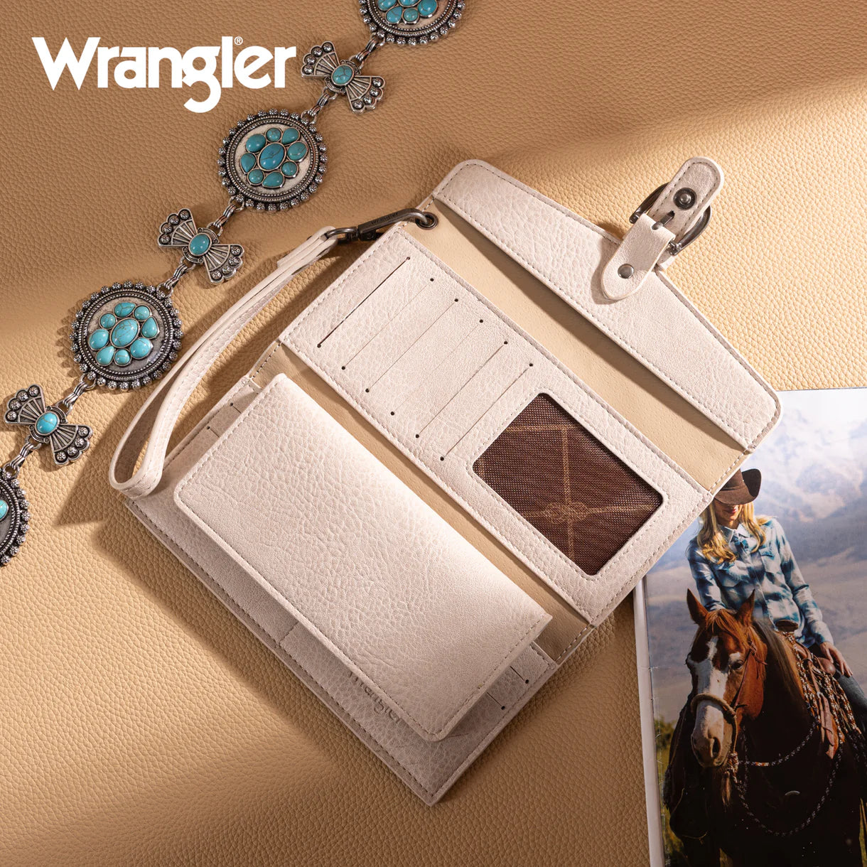 WG195-W055 Wrangler Western Tri-fold RFID Wallet/Wristlet With Detachable Credit Card Holder -Tan