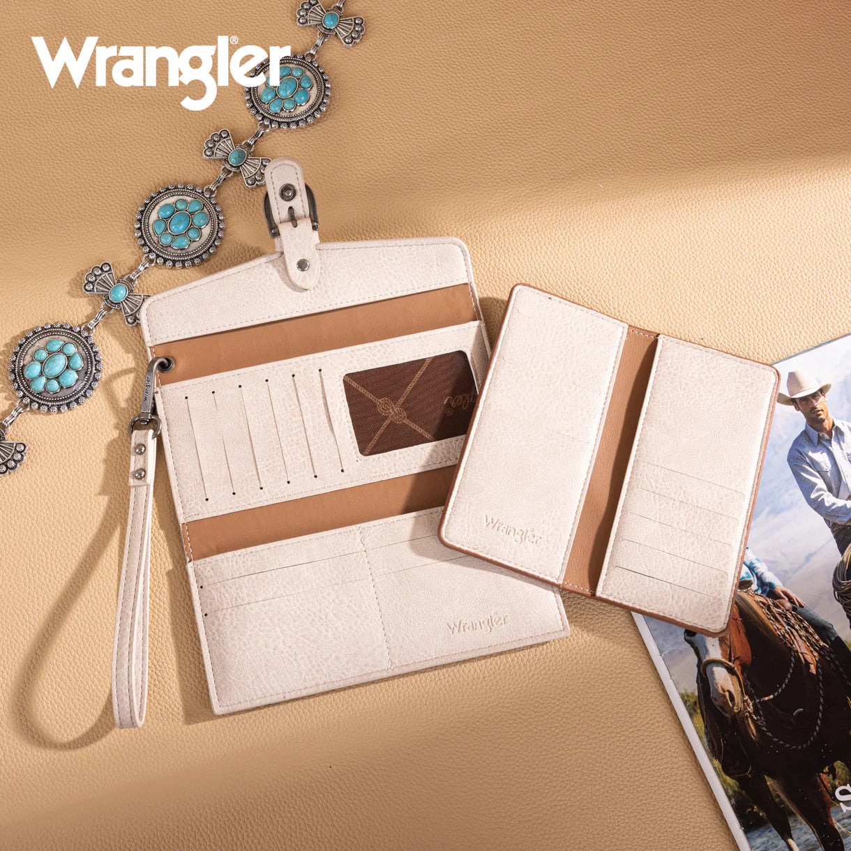 WG195-W055 Wrangler Western Tri-fold RFID Wallet/Wristlet With Detachable Credit Card Holder -Tan