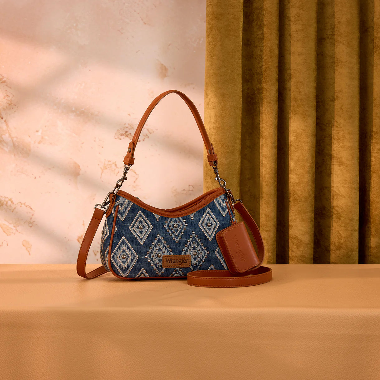 Wrangler Aztec Studded Denim Shoulder Bag with Mini Pouch - Jean