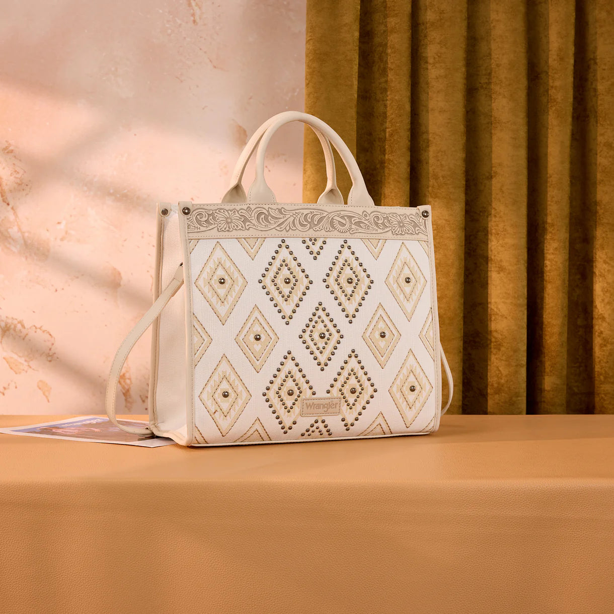 Wrangler Aztec Studded Denim Tote & Crossbody Bag - Beige