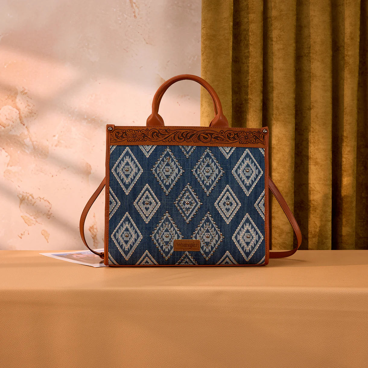 Wrangler Aztec Studded Denim Tote & Crossbody Bag - Jean
