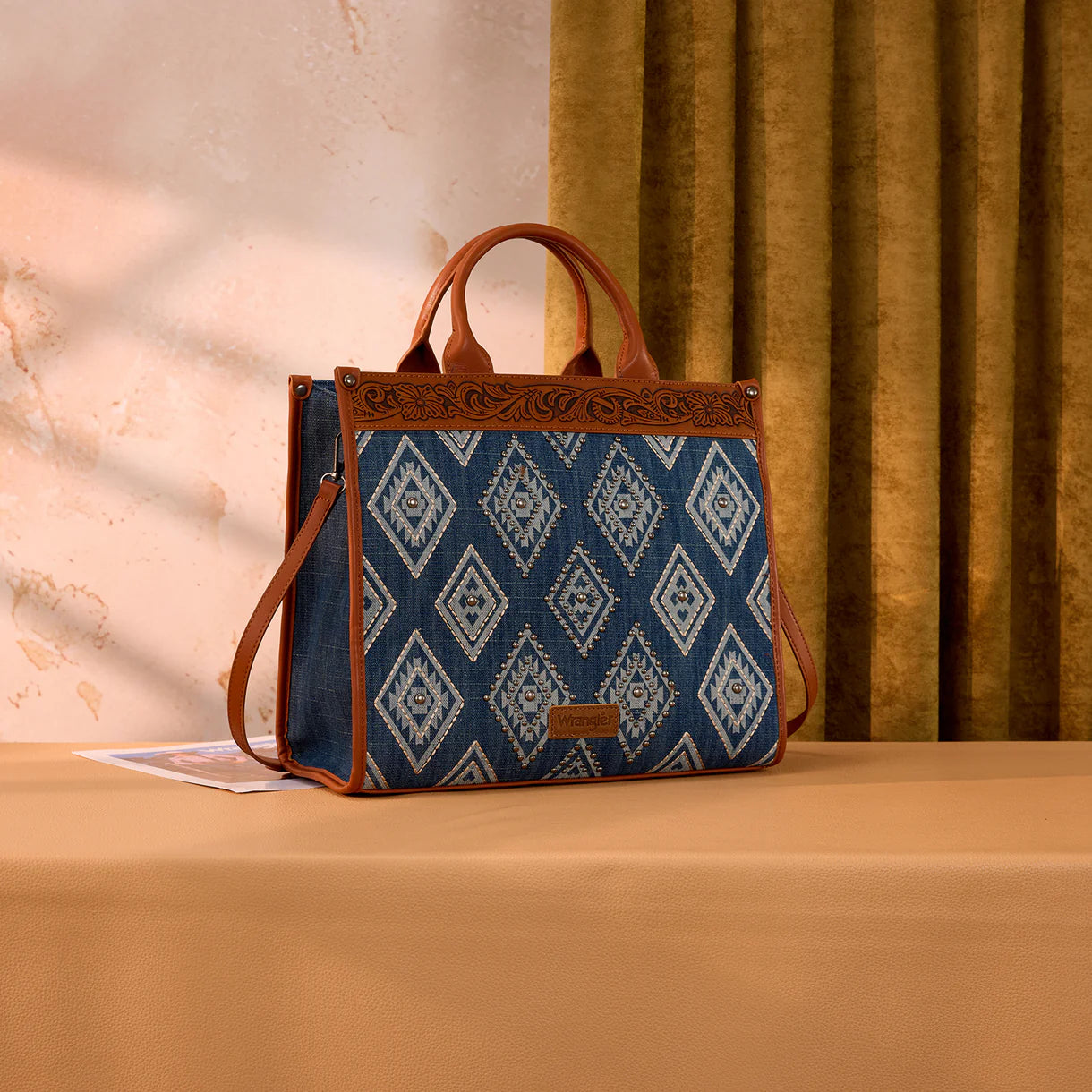 Wrangler Aztec Studded Denim Tote & Crossbody Bag - Jean