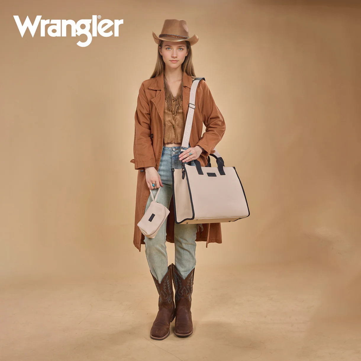 WG390-8110 Wrangler Structured Work Tote/Large Carry-All Tote/Crossbody with Pouch - Black-Beige