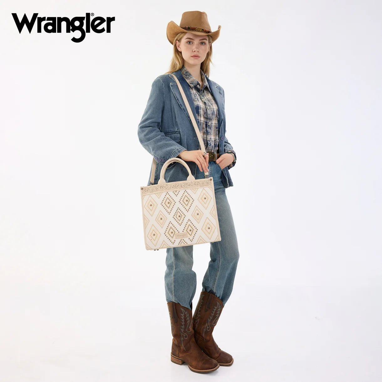 Wrangler Aztec Studded Denim Tote & Crossbody Bag - Beige