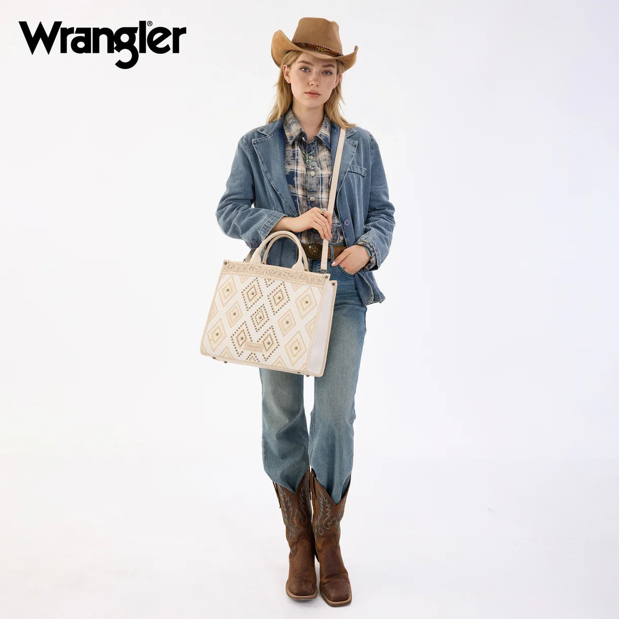 Wrangler Aztec Studded Denim Tote & Crossbody Bag - Beige