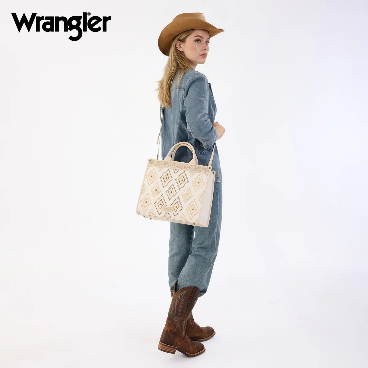 Wrangler Aztec Studded Denim Tote & Crossbody Bag - Beige