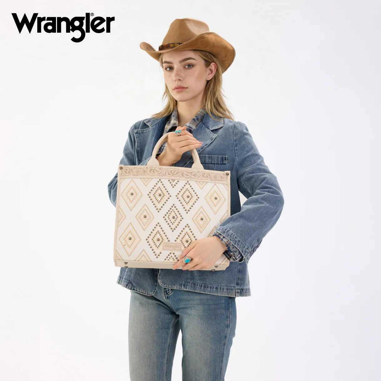 Wrangler Aztec Studded Denim Tote & Crossbody Bag - Beige