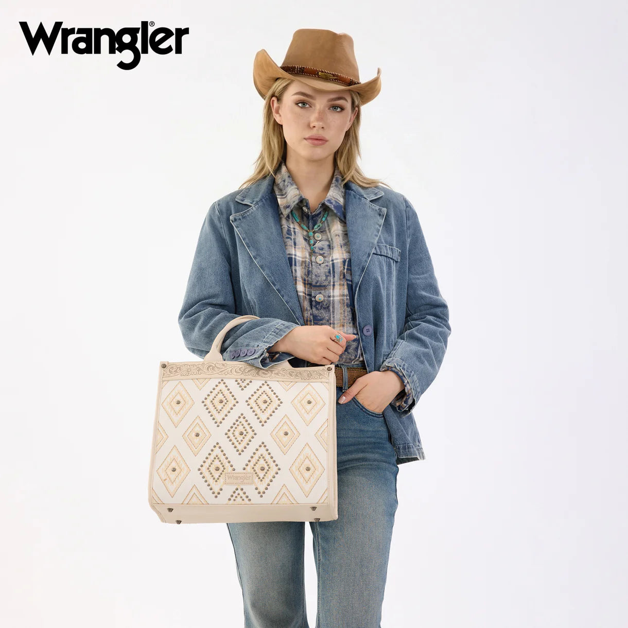 Wrangler Aztec Studded Denim Tote & Crossbody Bag - Beige