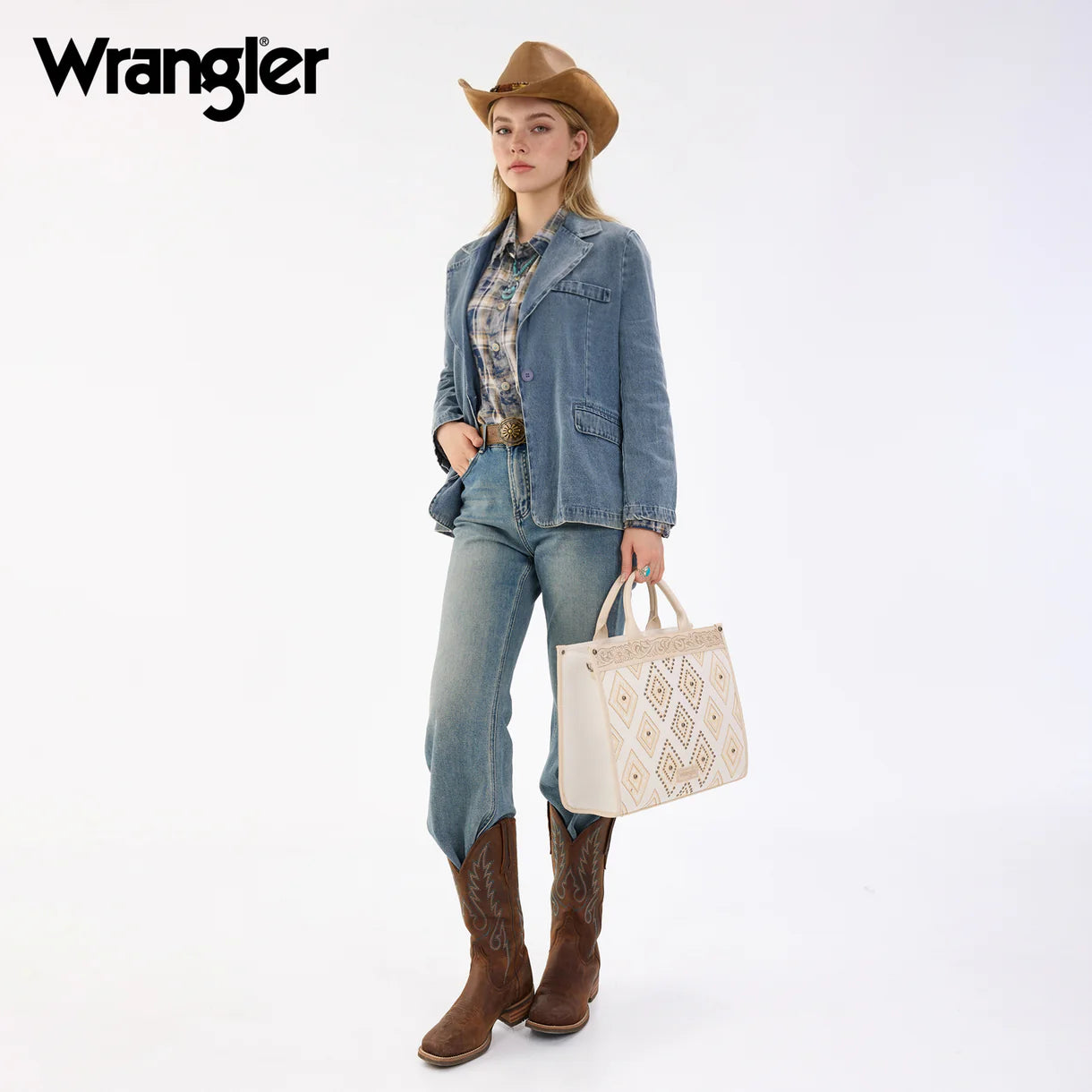 Wrangler Aztec Studded Denim Tote & Crossbody Bag - Beige