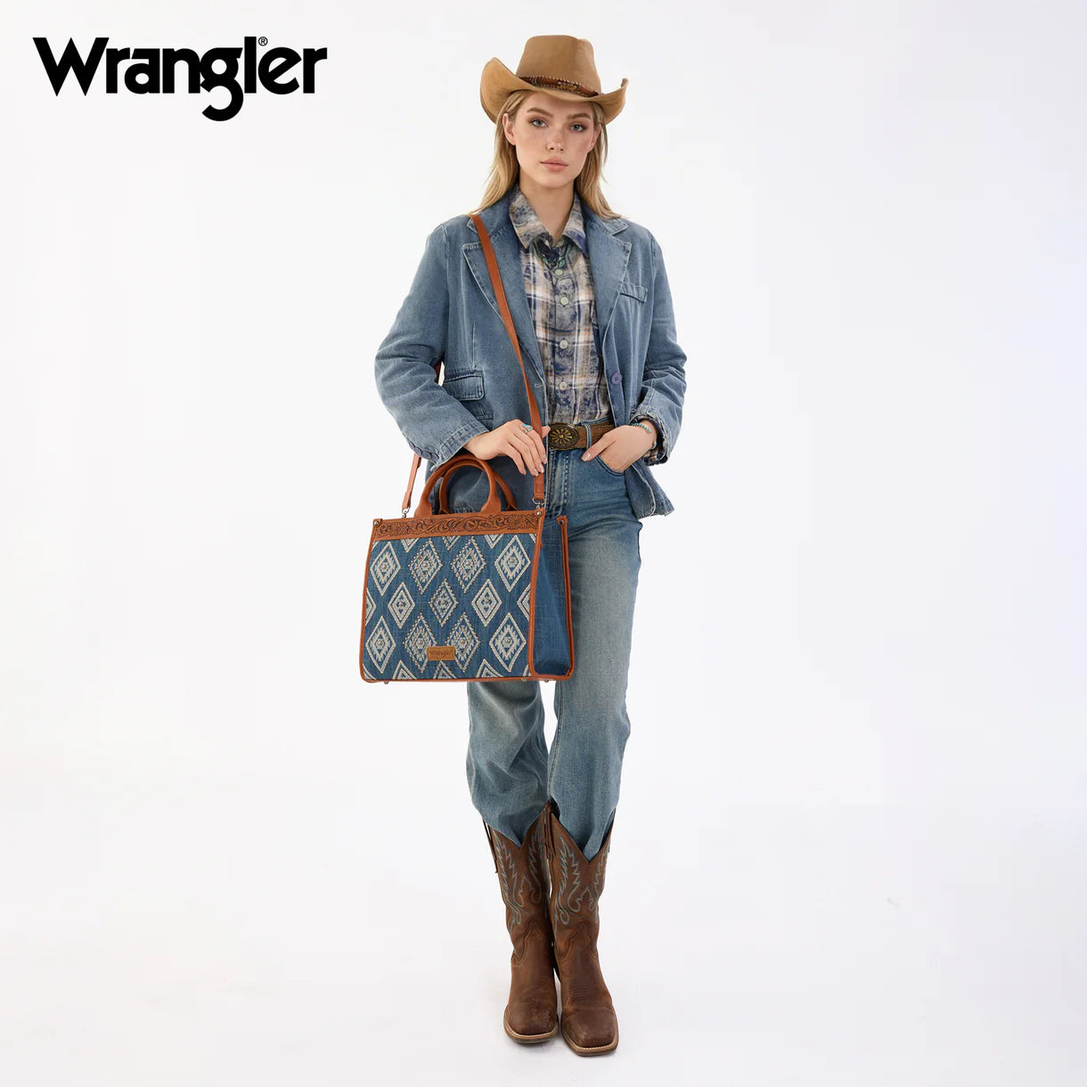 Wrangler Aztec Studded Denim Tote & Crossbody Bag - Jean