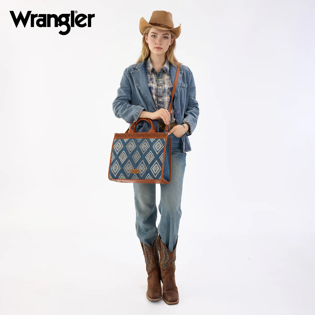 Wrangler Aztec Studded Denim Tote & Crossbody Bag - Jean