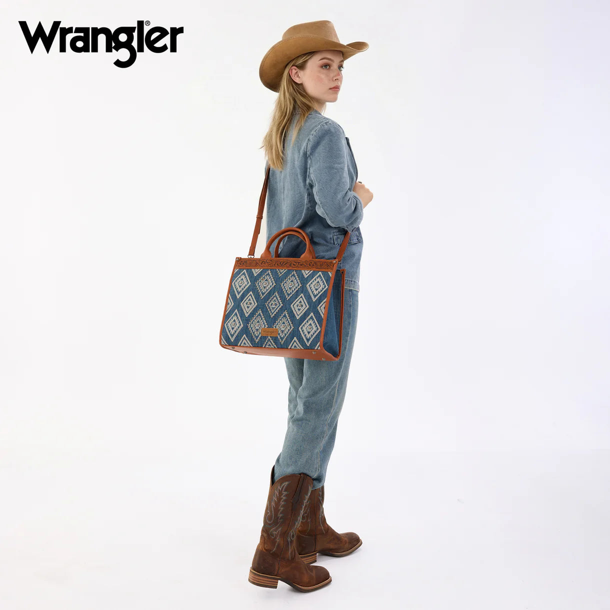 Wrangler Aztec Studded Denim Tote & Crossbody Bag - Jean