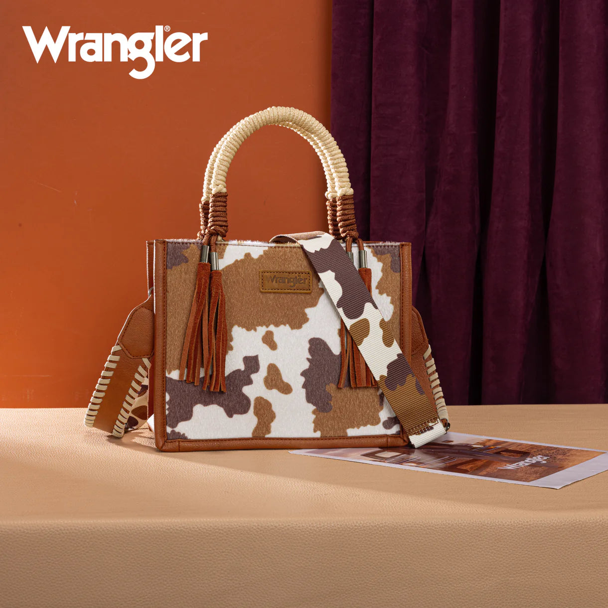 WG386-8120S Wrangler Cow Print Tote/Crossbody -Brown