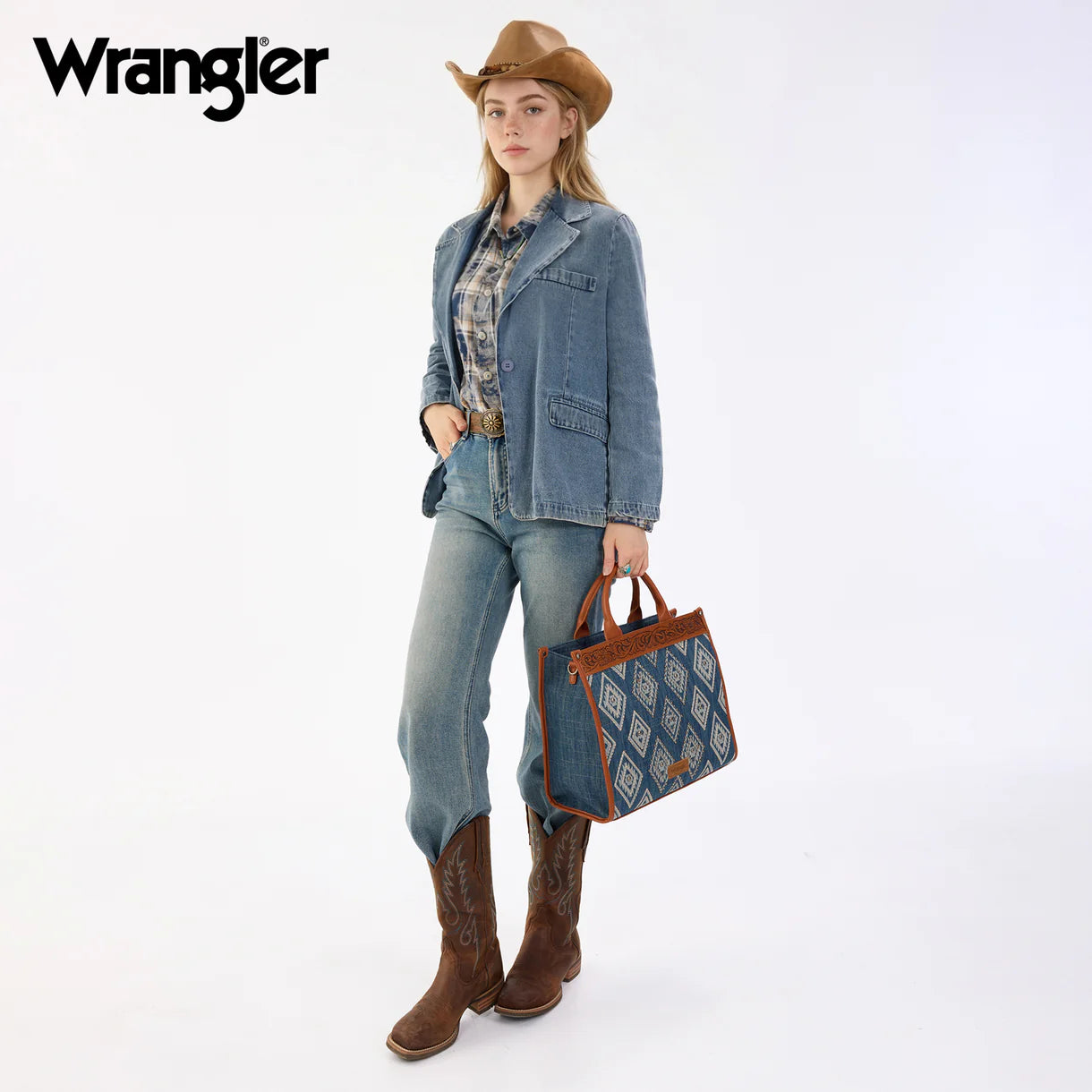 Wrangler Aztec Studded Denim Tote & Crossbody Bag - Jean