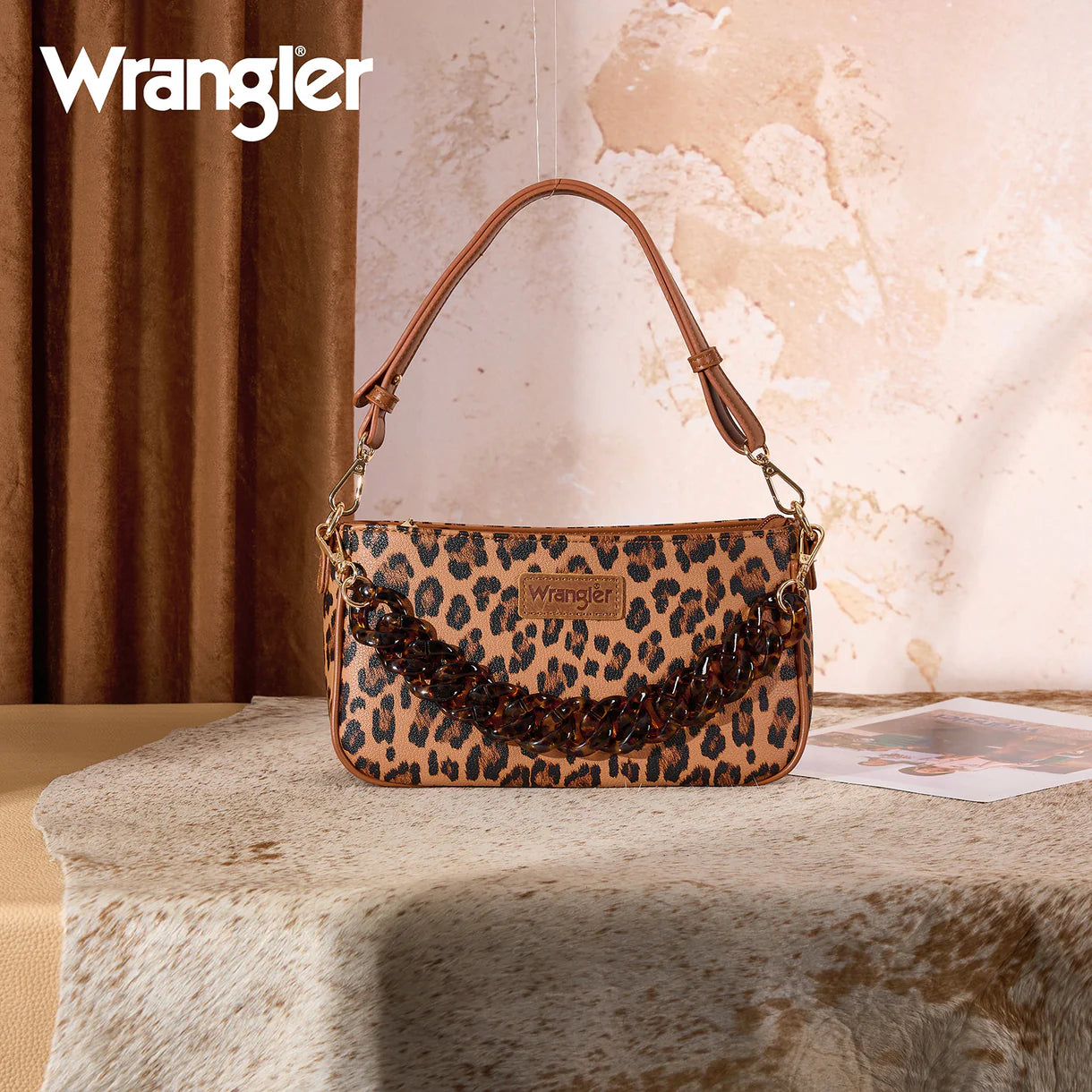 Wrangler Western Leopard Print Shoulder Bag with Chain Detail - Brown
