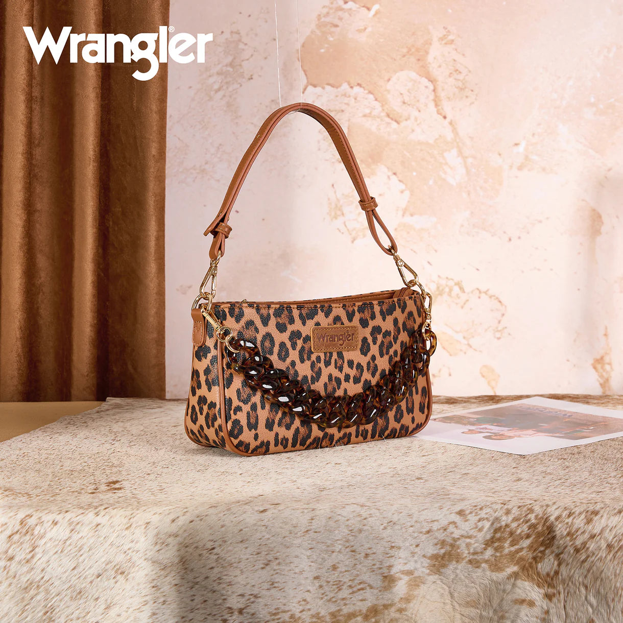 Wrangler Western Leopard Print Shoulder Bag with Chain Detail - Brown