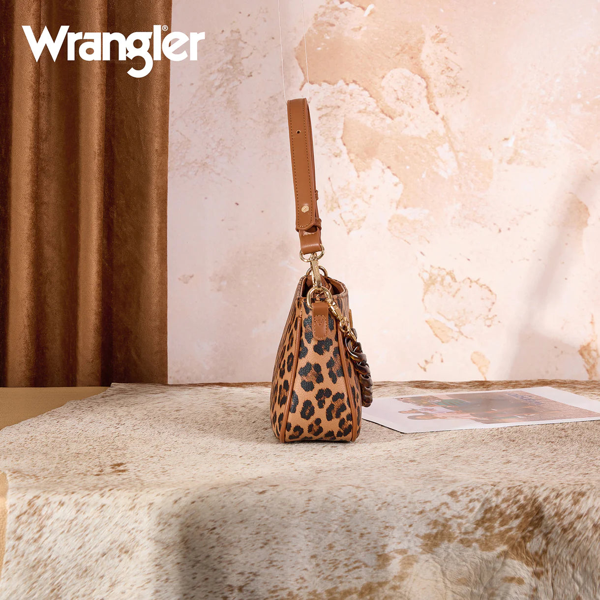 Wrangler Western Leopard Print Shoulder Bag with Chain Detail - Brown