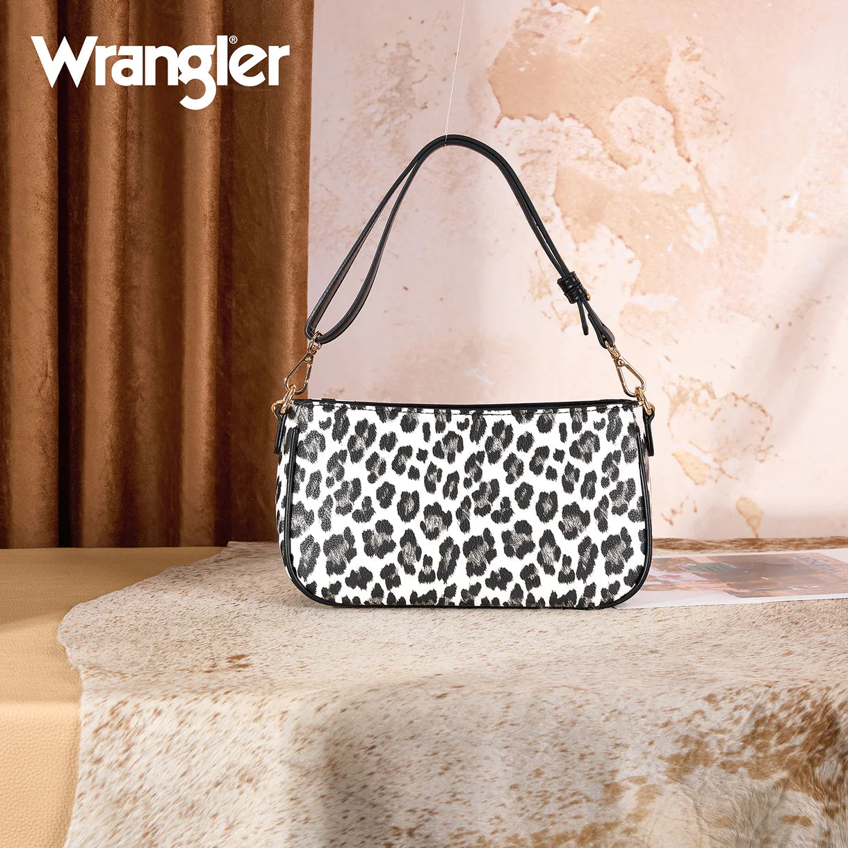 WG474-8633 Wrangler Western Leopard Print Shoulder Bag with Chain Detail - Black