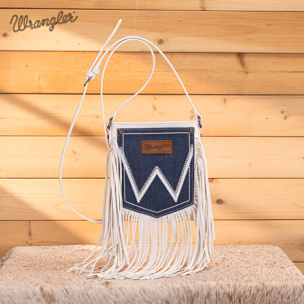 WG367-8360 Wrangler Leather Fringe Jean Denim Pocket Crossbody - Beige