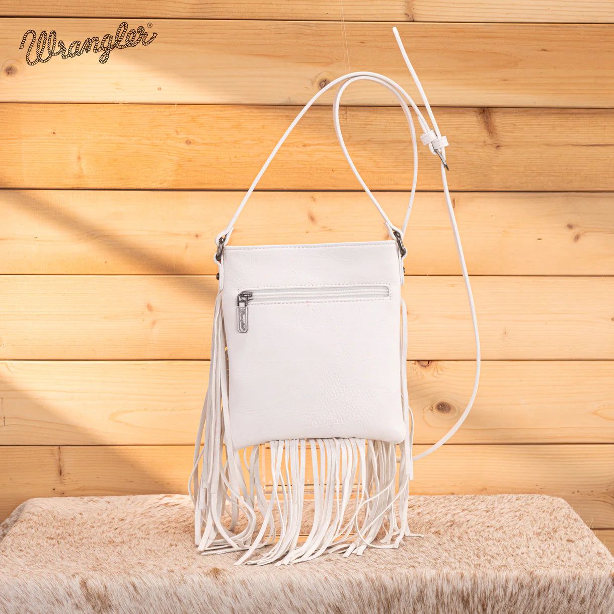 WG367-8360 Wrangler Leather Fringe Jean Denim Pocket Crossbody - Beige