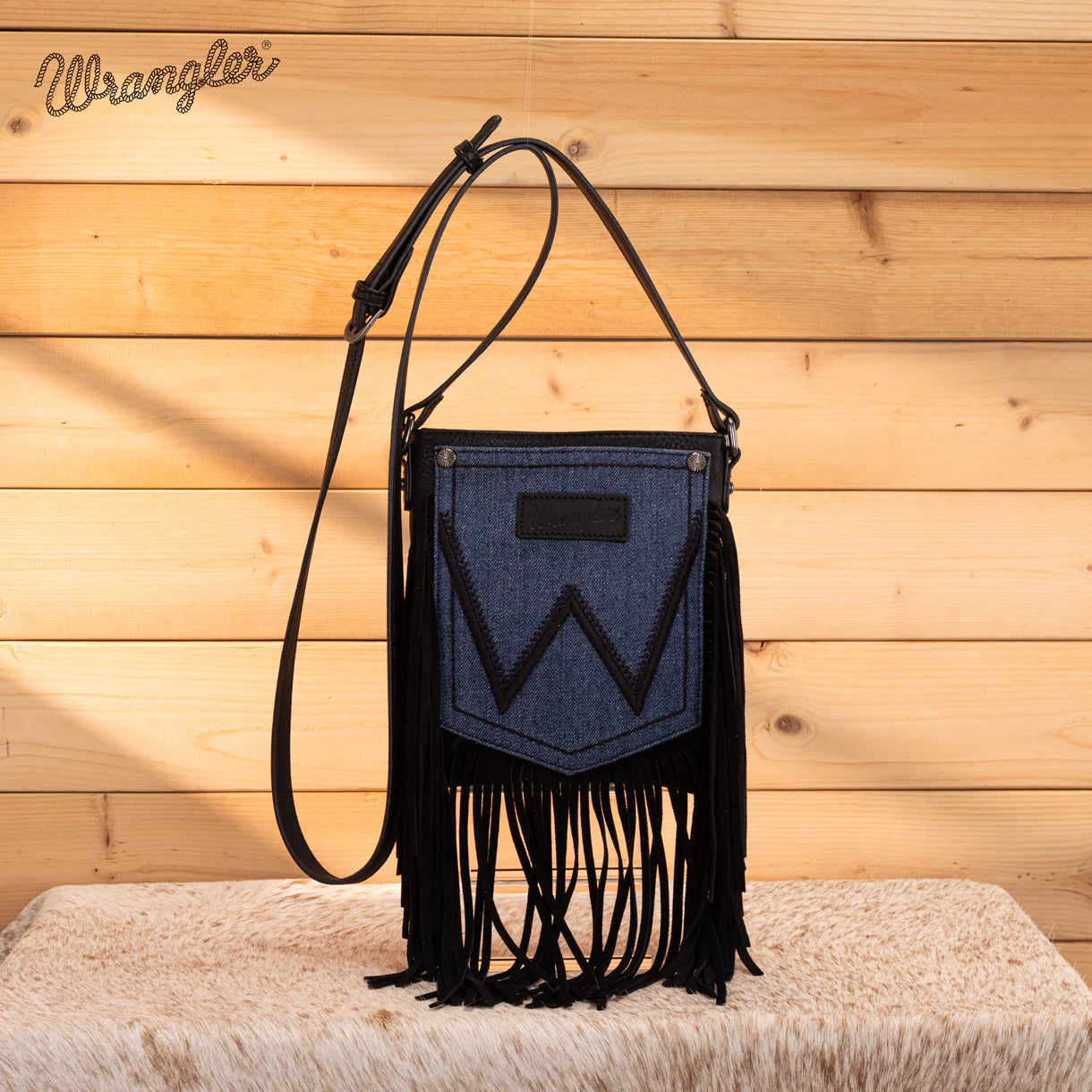 WG367-8360 Wrangler Leather Fringe Jean Denim Pocket Crossbody - Black