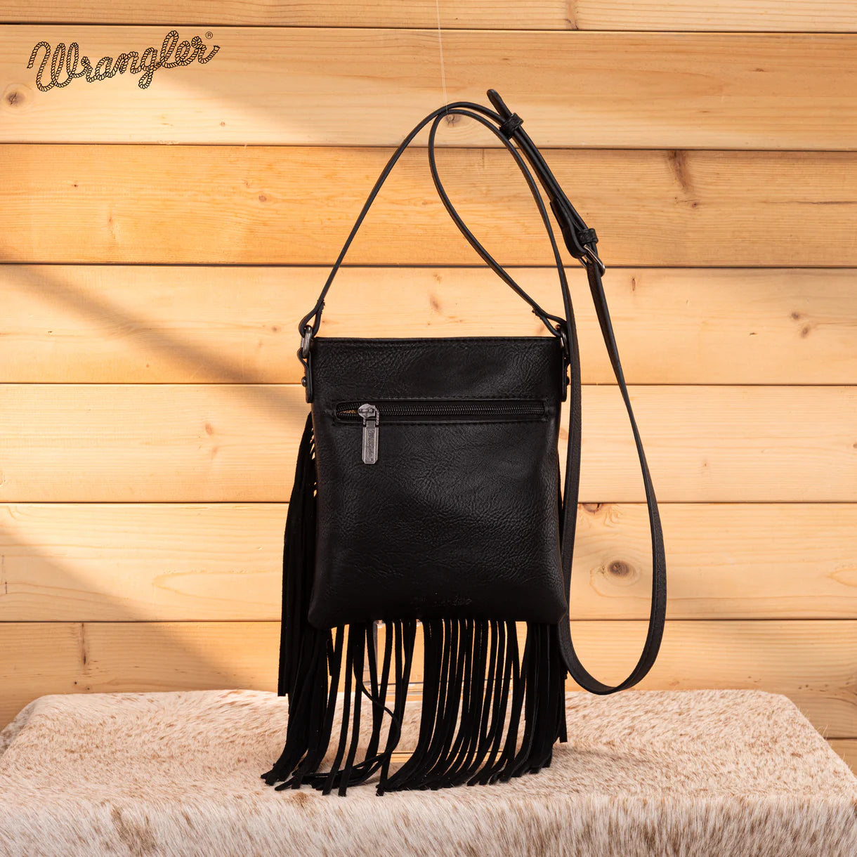 WG367-8360 Wrangler Leather Fringe Jean Denim Pocket Crossbody - Black