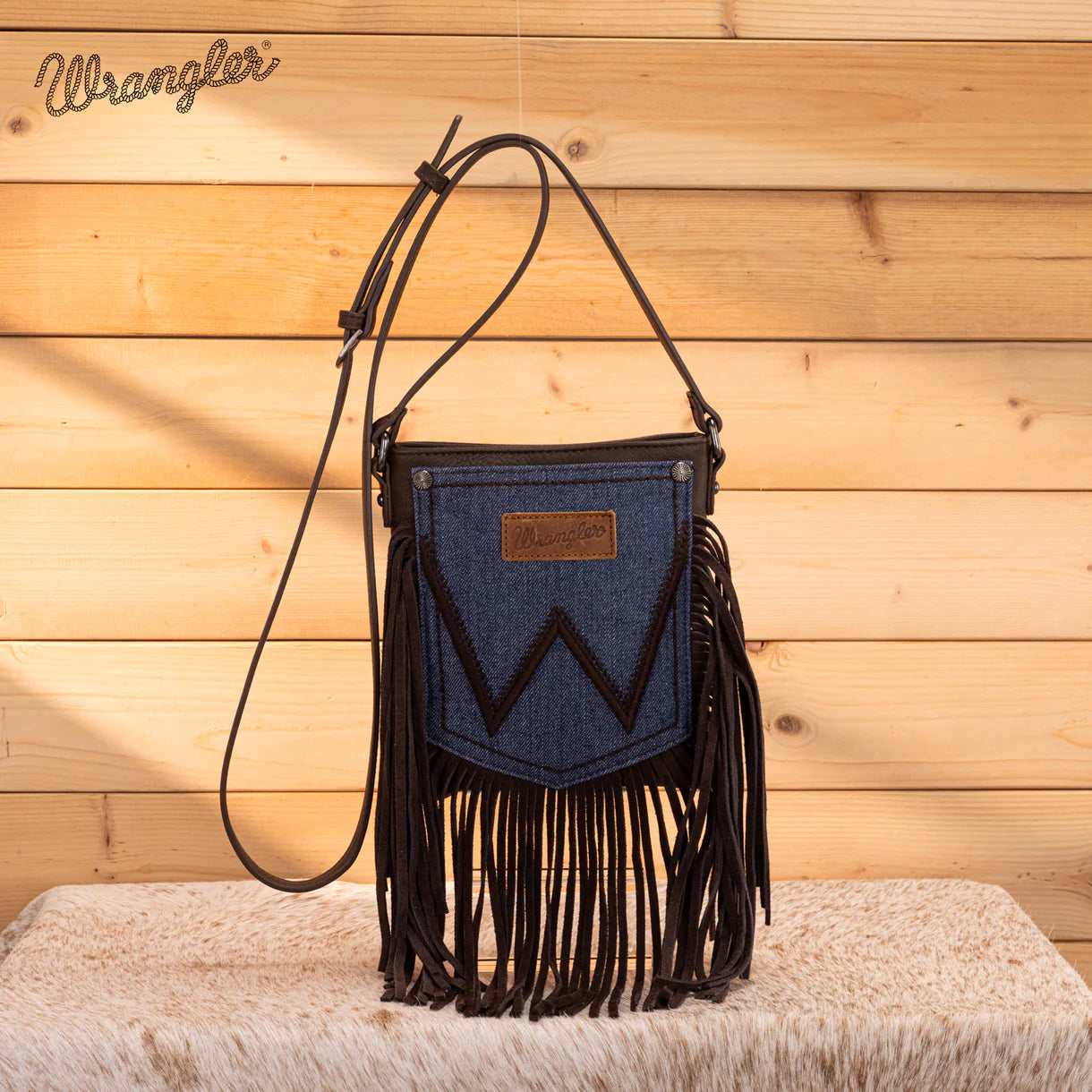 WG367-8360 Wrangler Leather Fringe Jean Denim Pocket Crossbody - Coffee