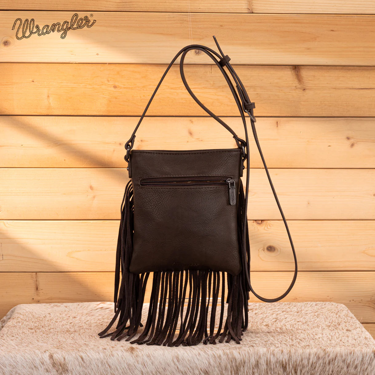 WG367-8360 Wrangler Leather Fringe Jean Denim Pocket Crossbody - Coffee