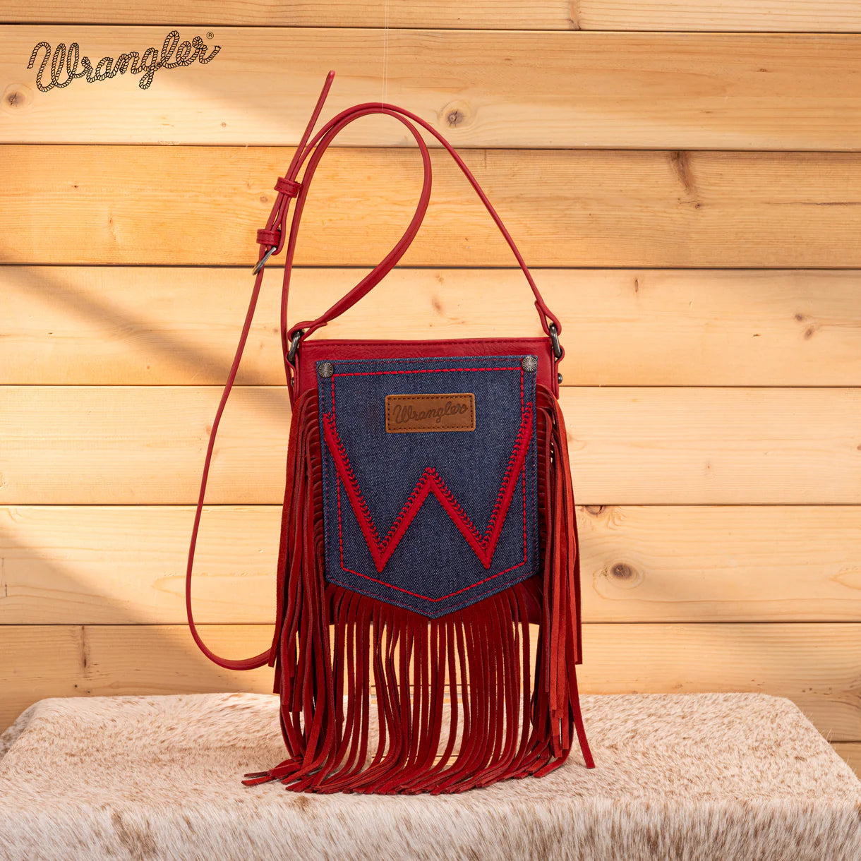 WG367-8360 Wrangler Leather Fringe Jean Denim Pocket Crossbody - Red