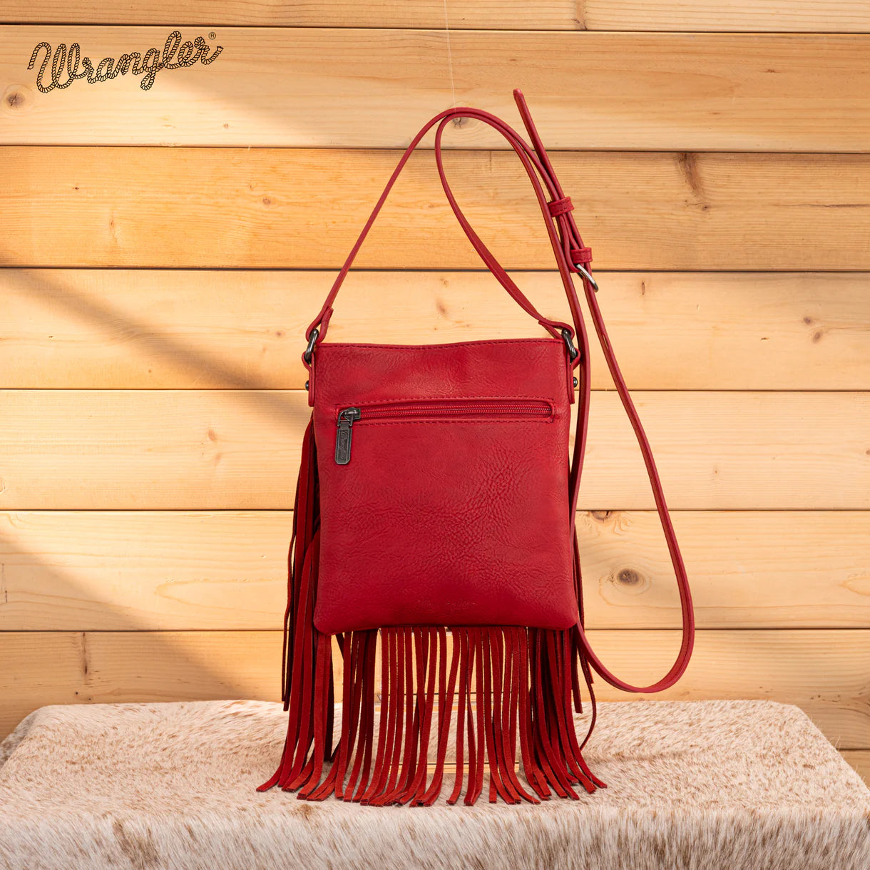 WG367-8360 Wrangler Leather Fringe Jean Denim Pocket Crossbody - Red
