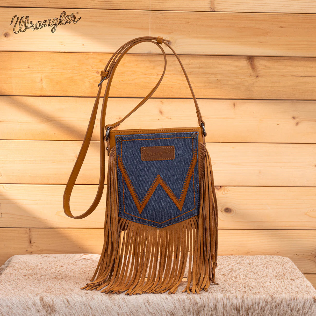 WG367-8360 Wrangler Leather Fringe Jean Denim Pocket Crossbody - Light Brown
