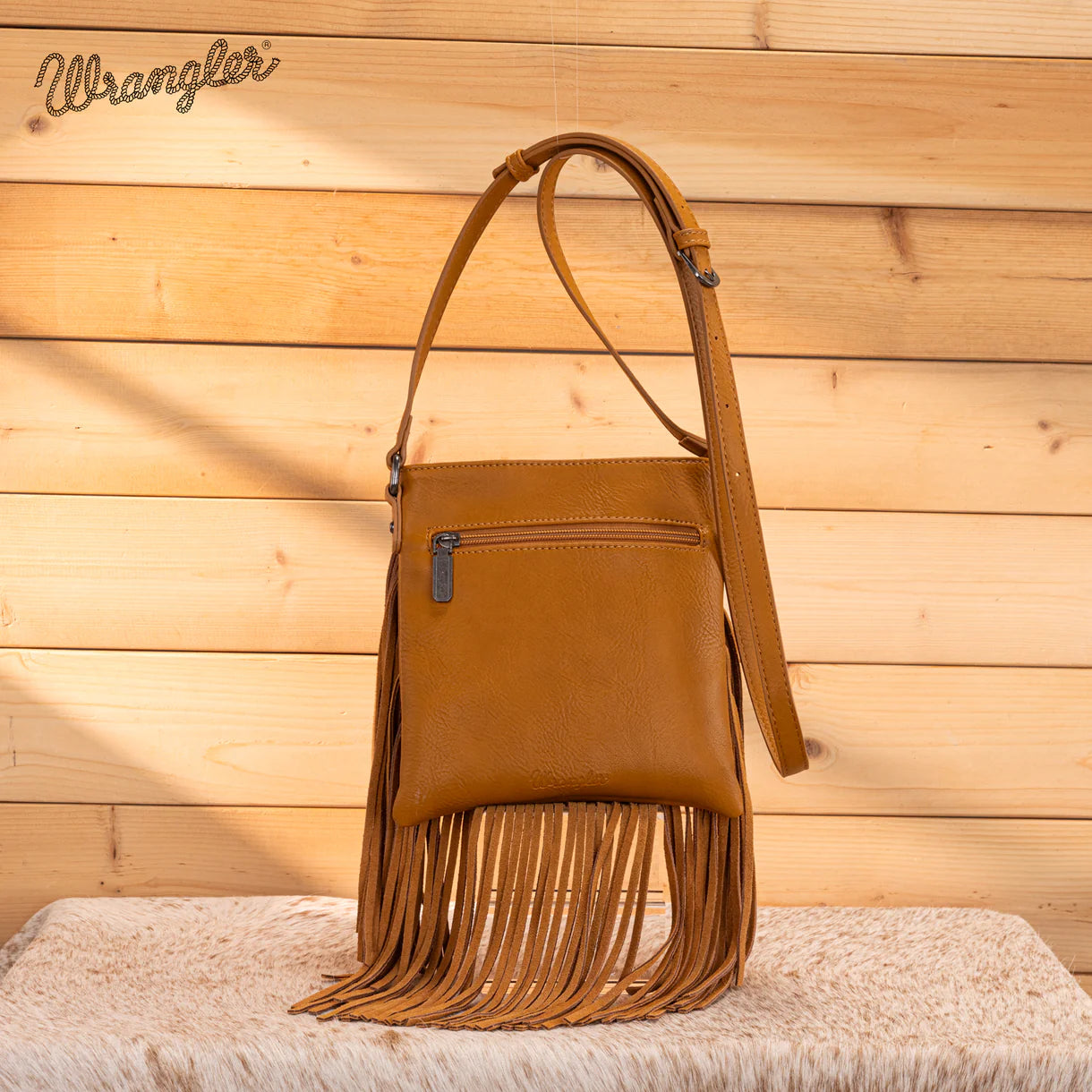 WG367-8360 Wrangler Leather Fringe Jean Denim Pocket Crossbody - Light Brown