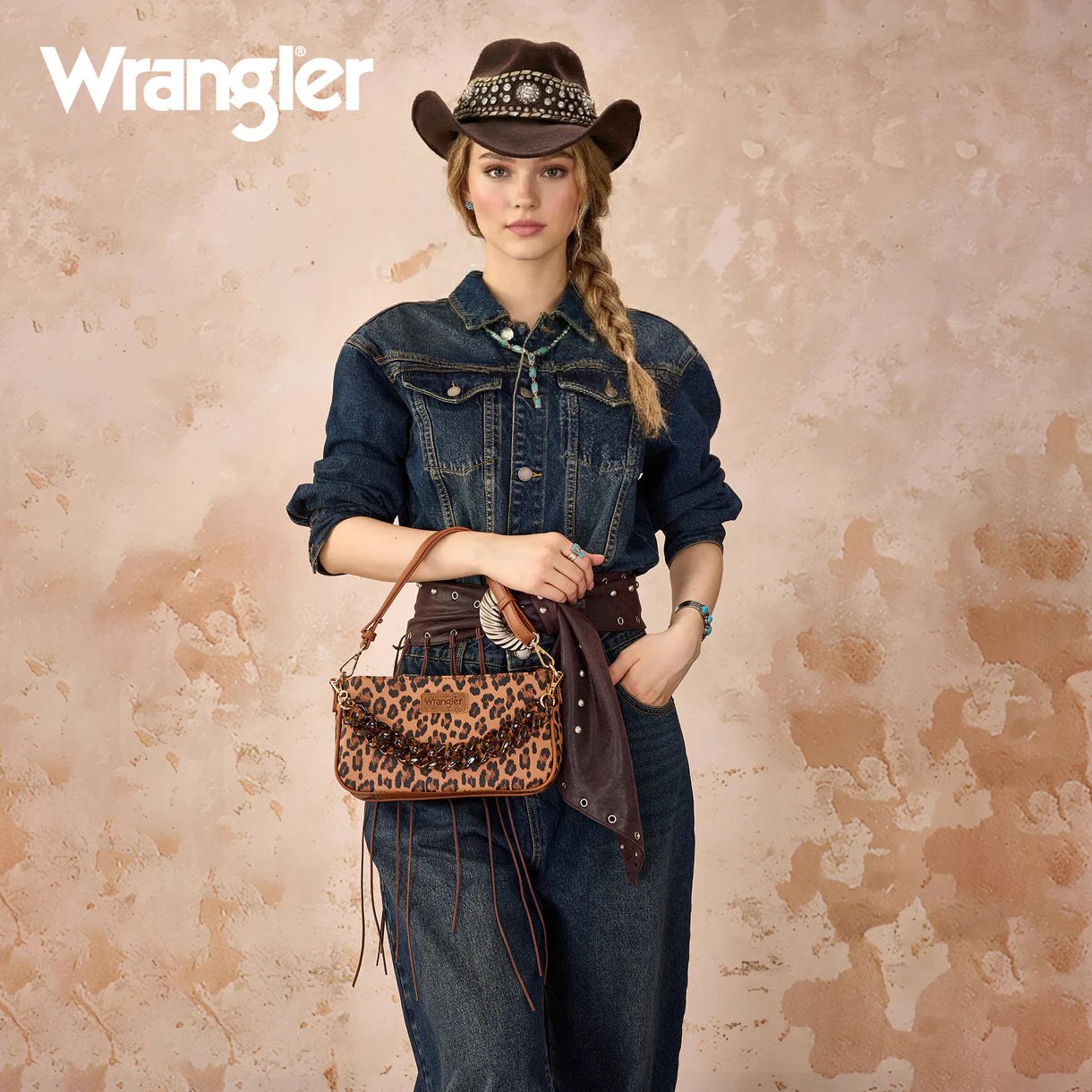 Wrangler Western Leopard Print Shoulder Bag with Chain Detail - Brown