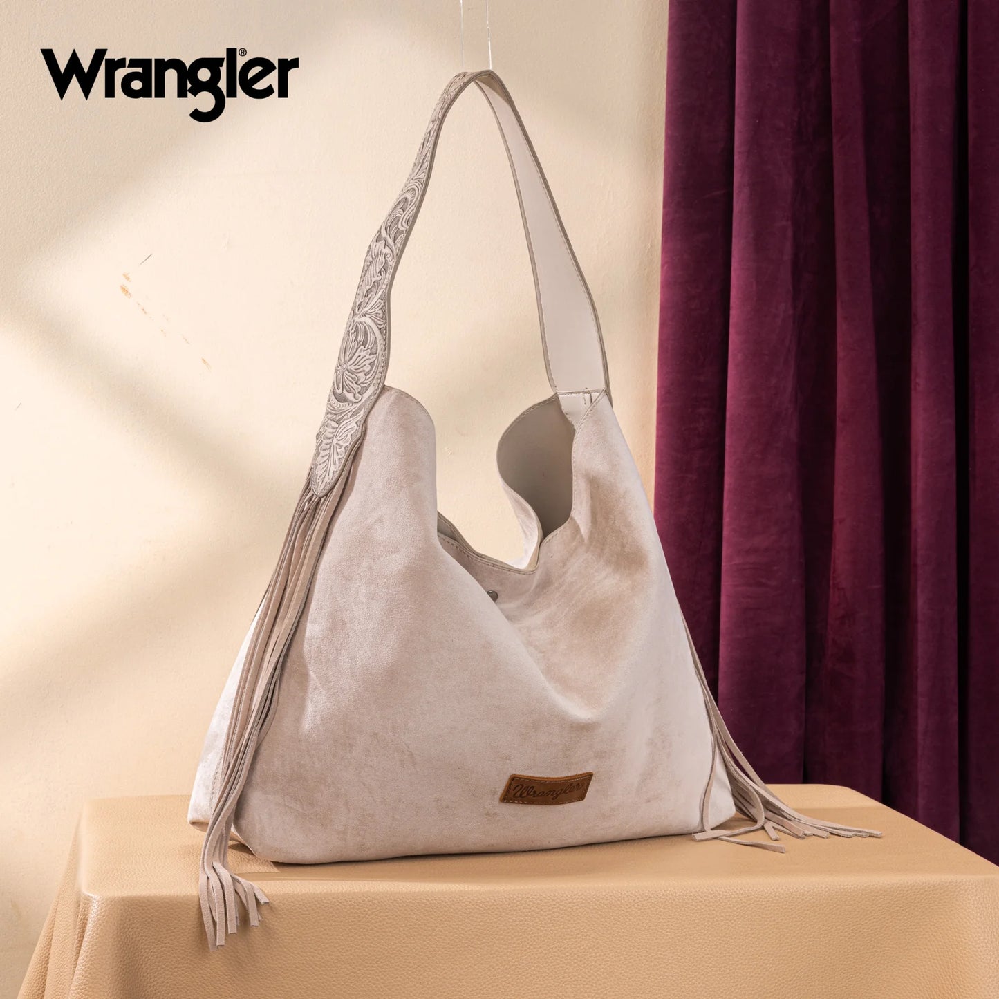 Wrangler Fringe Floral Tooled Hobo Bag - Beige