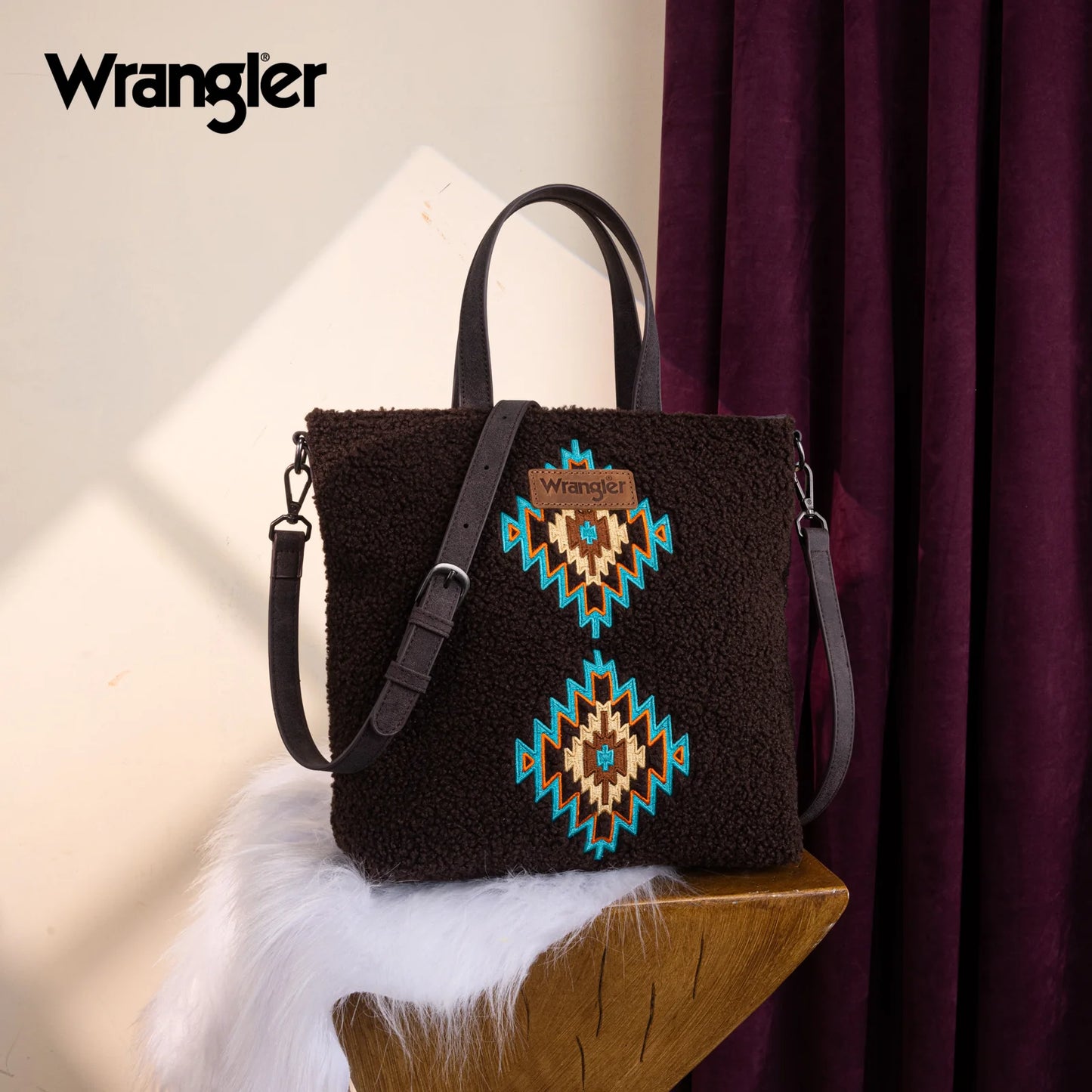 Wrangler Sherpa Aztec Sherpa Tote/Crossbody - Coffee